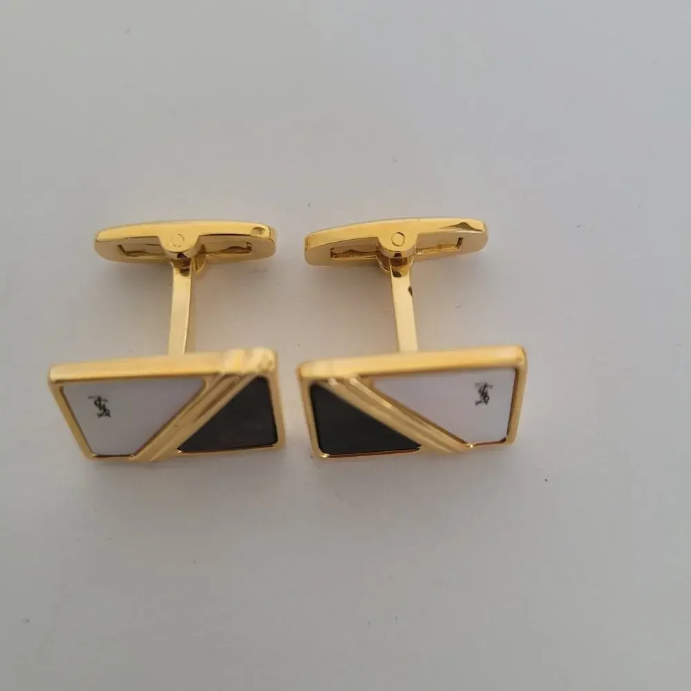 Yves Saint Laurent YSL Gold Pearl Tone Rectangle Cufflinks Designer Retro Whale